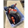 Image 3 : PLASTIC TOTE OF TOOLS INCLUDING STAPLERS, CHALK LINES, MEASURING TAPES, THERMOSTAT ETC