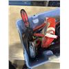Image 4 : PLASTIC TOTE OF TOOLS INCLUDING STAPLERS, CHALK LINES, MEASURING TAPES, THERMOSTAT ETC
