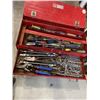 Image 1 : METAL TOOLBOX WITH CONTENTS INCLUDING PLIERS, WRENCHES, SCREWDRIVERS ETC