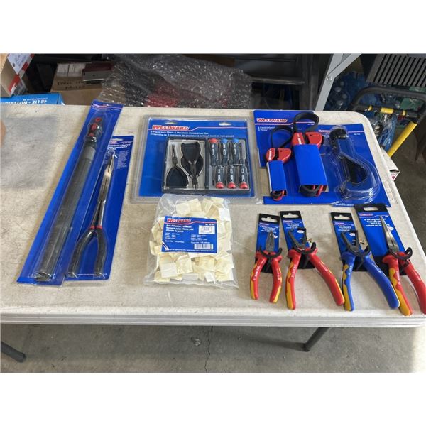NEW WESTWARD TOOLS INCLUDING 14" HALF ROUND BASTARD FILE, LONG HOSE GRIP DOUBLE X PLIERS 5/16", 9 PI