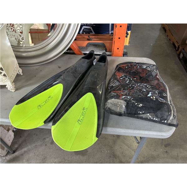SIZE SMALL US DIVER BOOTIES AND GLOVES AND SET OF NEON FINS