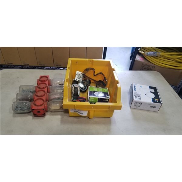 PLASTIC TOTE INCLUDING SCREW ORGANIZER, CASTER WHEELS, PORCELAIN LAMPHOLDER, STANPRO LED DOWNLIGHTS 