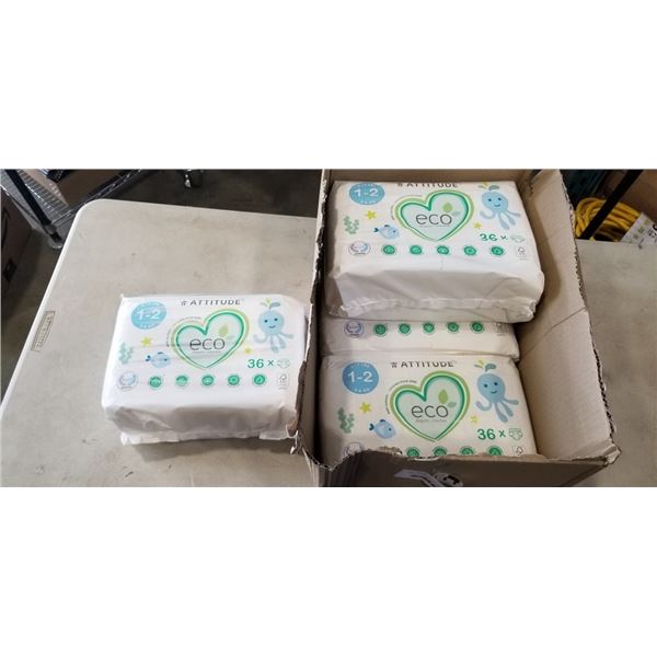 4 PACKS ATTITUDE ECO BABY DIAPERS. 36 DIAPERS PER PACK.