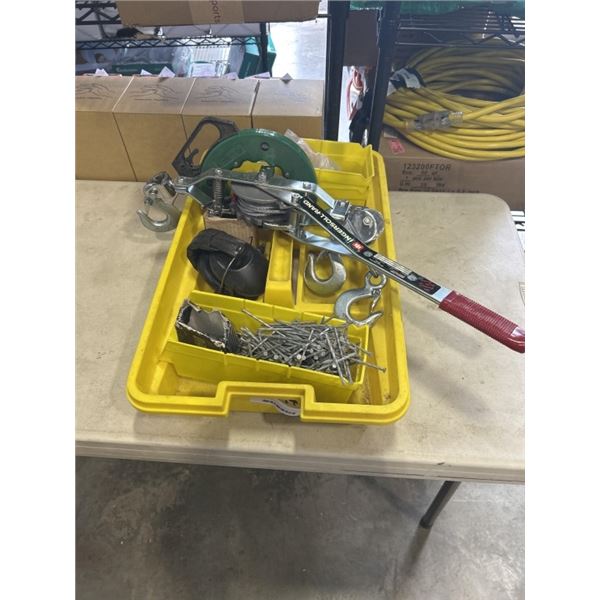 PLASTIC TOTE WITH FISH WIRE, MANUAL RATCHET PULLER, NAILS ETC