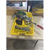 Image 1 : PLASTIC TOTE WITH FISH WIRE, MANUAL RATCHET PULLER, NAILS ETC