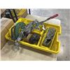 Image 2 : PLASTIC TOTE WITH FISH WIRE, MANUAL RATCHET PULLER, NAILS ETC