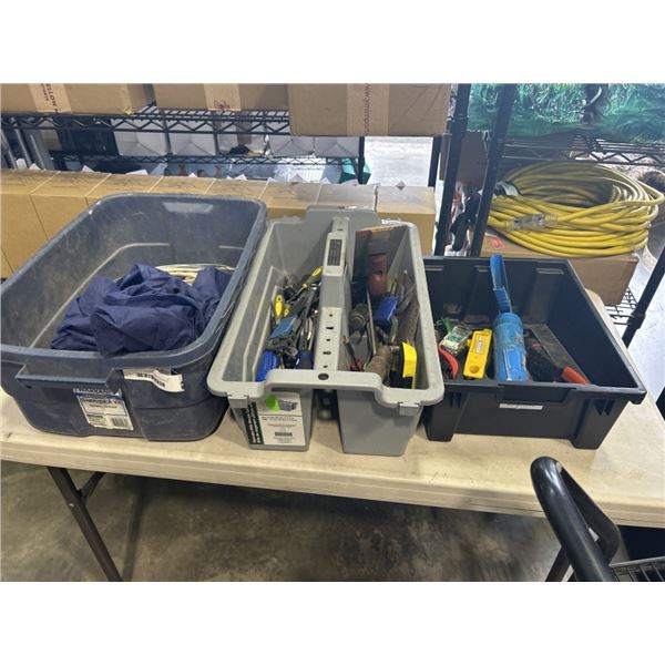 2 TOTES OF TOOLS INCLUDING TROWELS, WRENCHES, SCREWDRIVERS, ALLEN KEYS, SQUARE, ETC
