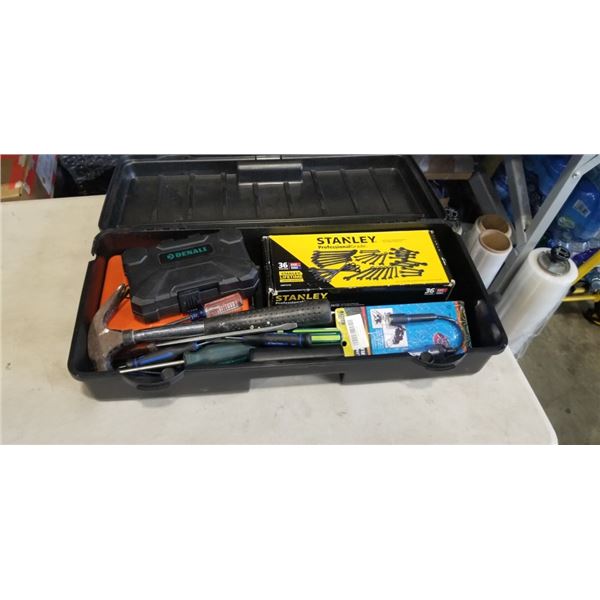 ACTIONPACKER TOOLBOX WITH CONTENTS INCLUDING STANLEY WRENCH SET, DRILL BIT SETHAMMERS, SCREW DRIVERS