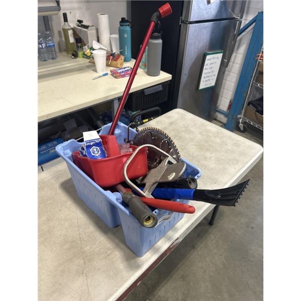 PLASTIC TOTE OF TOOLS INCLUDING SAW BLADES, DRYWALL BOARD LIFTER, SPRINKLER NOSSLE, ETC
