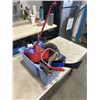Image 1 : PLASTIC TOTE OF TOOLS INCLUDING SAW BLADES, DRYWALL BOARD LIFTER, SPRINKLER NOSSLE, ETC
