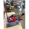 Image 2 : PLASTIC TOTE OF TOOLS INCLUDING SAW BLADES, DRYWALL BOARD LIFTER, SPRINKLER NOSSLE, ETC