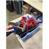 Image 3 : PLASTIC TOTE OF TOOLS INCLUDING SAW BLADES, DRYWALL BOARD LIFTER, SPRINKLER NOSSLE, ETC