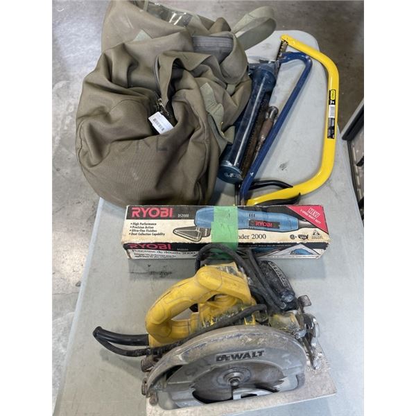 ARMY DUFFLE BAG WITH TOOL CONTENTS INCLUDING CIRCULAR SAW, RYOBI SANDER ETC