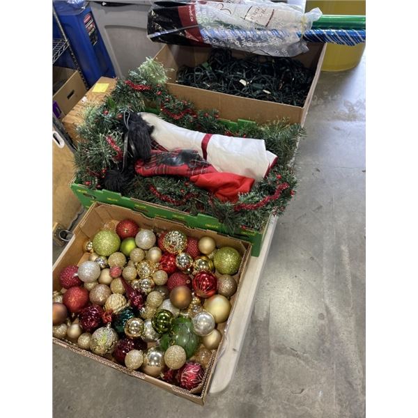 3 BOXES OF CHRISTMAS DECOR AND LIGHTS, AND ROLLS OF WRAPPING PAPER