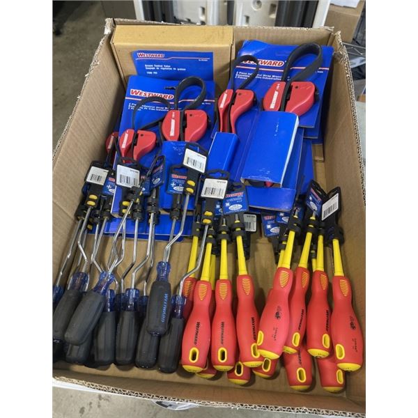 TRAY OF NEW WESTWARD HAND TOOLS AND STRAP WRENCH'S