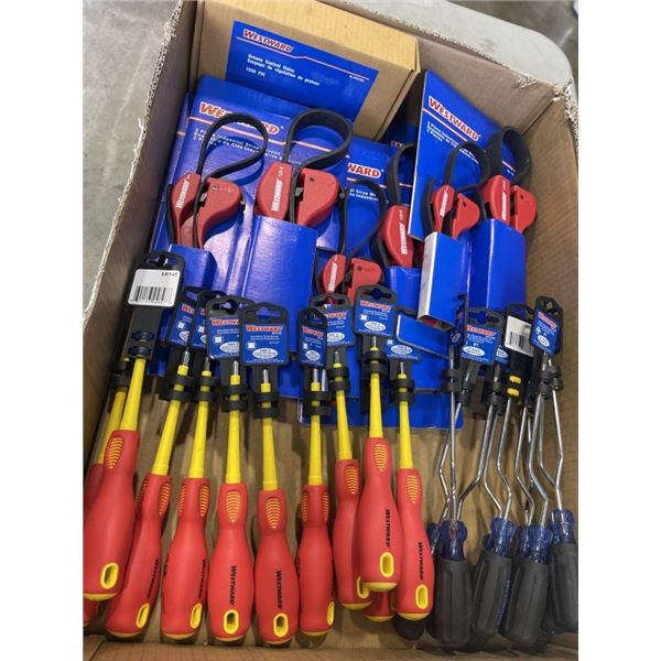 TRAY OF NEW WESTWARD HAND TOOLS AND STRAP WRENCH'S