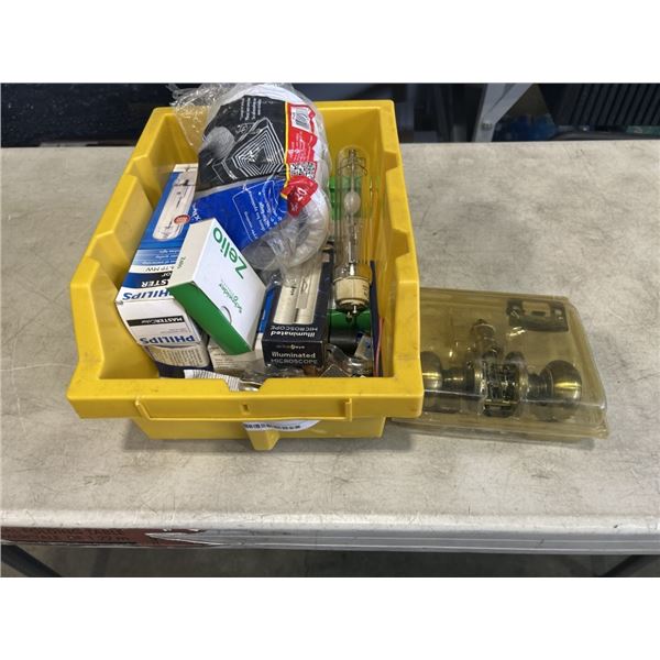 PLASTIC TOTE OF TOOLS INCLUDING DOOR KNOB WITH KEY, PHILIPS ELITE MW LIGHTS,  DRYER HOSES, SCHNEIDER