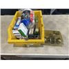 Image 1 : PLASTIC TOTE OF TOOLS INCLUDING DOOR KNOB WITH KEY, PHILIPS ELITE MW LIGHTS,  DRYER HOSES, SCHNEIDER