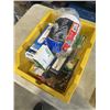 Image 3 : PLASTIC TOTE OF TOOLS INCLUDING DOOR KNOB WITH KEY, PHILIPS ELITE MW LIGHTS,  DRYER HOSES, SCHNEIDER