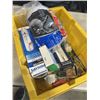 Image 4 : PLASTIC TOTE OF TOOLS INCLUDING DOOR KNOB WITH KEY, PHILIPS ELITE MW LIGHTS,  DRYER HOSES, SCHNEIDER