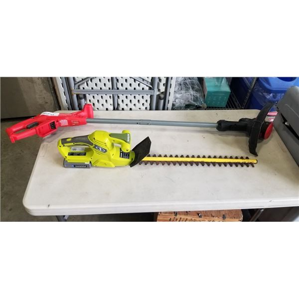 RYOBI CORDLESS HEDGE TRIMMER WITH BATTERY, UNTESTED NO CHARGER AND CRAFTSMAN WEEDEATER NO BATTERY