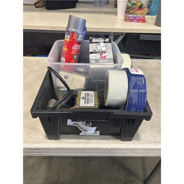PLASTIC TOTE OF TOOLS INCLUDING ADFORS FIBATAPE, GREATSTUFF GAPS& CRACKS, HYDROTEK CRUSE TEMP THERMO