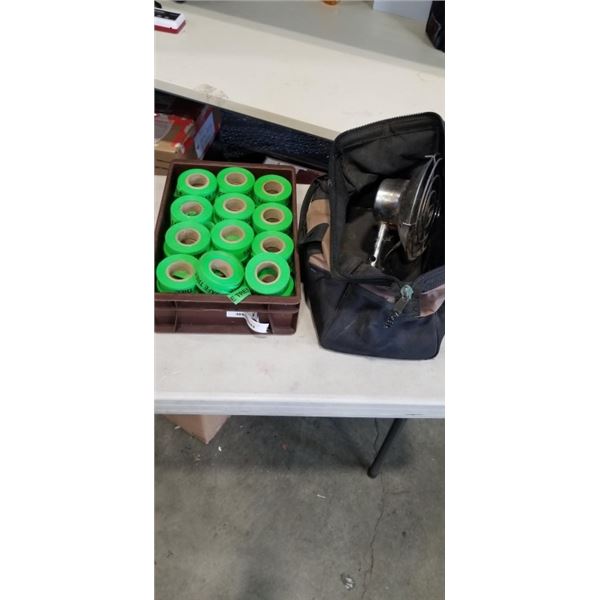 TRAY OF GREEN TREE TAPE AND PROPANE HEATER IN BAG