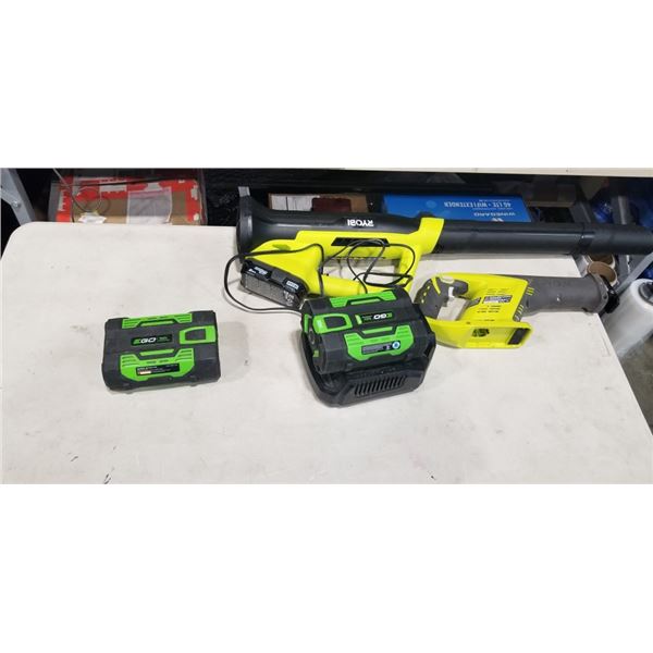 RYOBI 18V BLOWER AND SAWZALL W/ 1 BATTERY, AND BATTERY CHARGER W/ 2 BATTERIES