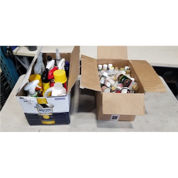 ASSORTED CLEANING SUPPLIES AND BOX OF ASSORTED CRAFTING PAINT