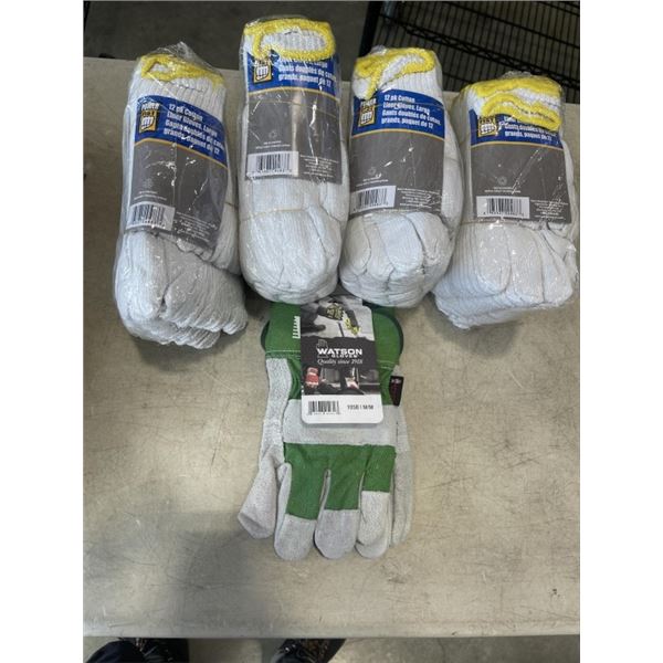 4 NEW PACKS POWER FIST (12 PAIRS PER PACK) LARGE COTTON LINER GLOVES, AND NEW MEDIUM WATSON GLOVES