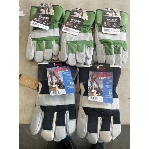 5 NEW PAIRS WATSON GLOVES. 2 PAIRS ARE BIG DAWG LINED XXXL, 3 PAIRS ARE WATSON XL