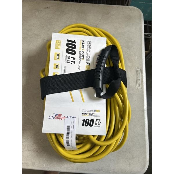 HEAVY DUTY LIGHTED 100 FOOT YELLOW  3 OUTLET EXTENSION CORD. 12AWG/3C