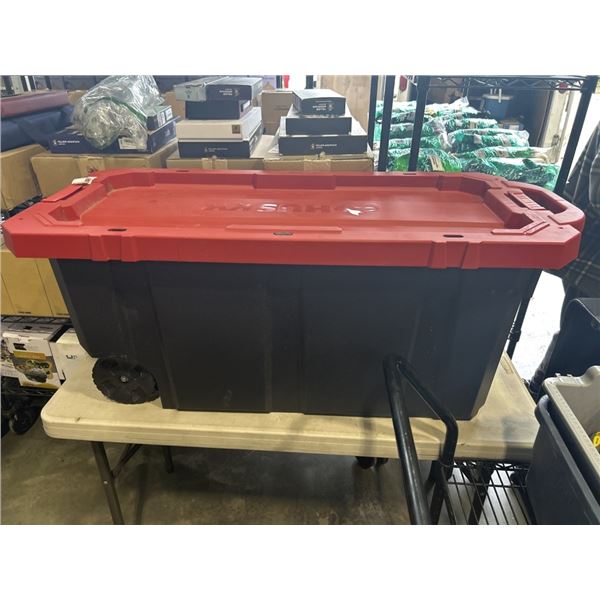 LARGE HUSKY ROLLING STORAGE TOTE WITH LID AND WHEELS. 4 FEET LONG