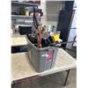 Image 1 : PLASTIC TOTE WITH PLUMBING PIPES, CLAMPS SAWS, LEVEL