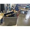 Image 2 : PLASTIC TOTE WITH PLUMBING PIPES, CLAMPS SAWS, LEVEL