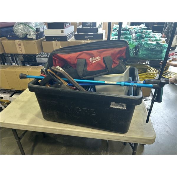 PLASTIC TOTE OF TOOLS INCLUDING HAND SAWS, CANE, TROWELS, CROW BARS, FUNNEL, MILWAUKEE BAG, ETC