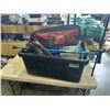 Image 1 : PLASTIC TOTE OF TOOLS INCLUDING HAND SAWS, CANE, TROWELS, CROW BARS, FUNNEL, MILWAUKEE BAG, ETC