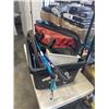 Image 2 : PLASTIC TOTE OF TOOLS INCLUDING HAND SAWS, CANE, TROWELS, CROW BARS, FUNNEL, MILWAUKEE BAG, ETC