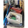 Image 3 : PLASTIC TOTE OF TOOLS INCLUDING HAND SAWS, CANE, TROWELS, CROW BARS, FUNNEL, MILWAUKEE BAG, ETC