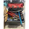 Image 4 : PLASTIC TOTE OF TOOLS INCLUDING HAND SAWS, CANE, TROWELS, CROW BARS, FUNNEL, MILWAUKEE BAG, ETC