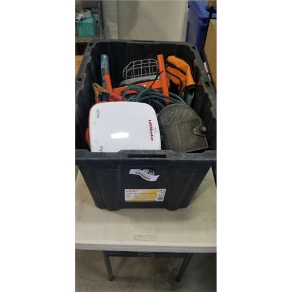 PLASTIC TOTE OF EXTENSION CORDS, LIGHTS, JUMPER CABLES, KNEE PADS, LIFT MASTER