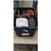 Image 1 : PLASTIC TOTE OF EXTENSION CORDS, LIGHTS, JUMPER CABLES, KNEE PADS, LIFT MASTER
