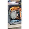 Image 2 : PLASTIC TOTE OF EXTENSION CORDS, LIGHTS, JUMPER CABLES, KNEE PADS, LIFT MASTER