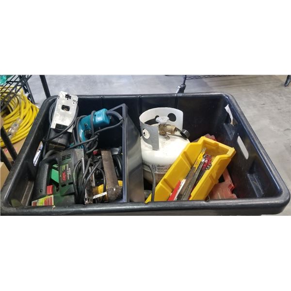 PLASTIC TOTE OF TOOLS INCLUDING JIGSAW, PROPANE TANK, SAW BLADES ,EXTENSION CORD ETC