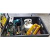 Image 1 : PLASTIC TOTE OF TOOLS INCLUDING JIGSAW, PROPANE TANK, SAW BLADES ,EXTENSION CORD ETC