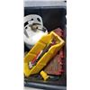Image 2 : PLASTIC TOTE OF TOOLS INCLUDING JIGSAW, PROPANE TANK, SAW BLADES ,EXTENSION CORD ETC