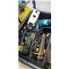 Image 3 : PLASTIC TOTE OF TOOLS INCLUDING JIGSAW, PROPANE TANK, SAW BLADES ,EXTENSION CORD ETC