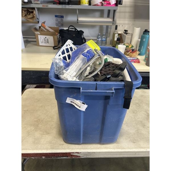 PLASTIC TOTE WITH PLUMPING, KNEE PADS, SHELVING BRACKETS ETC