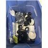 Image 4 : PLASTIC TOTE WITH PLUMPING, KNEE PADS, SHELVING BRACKETS ETC