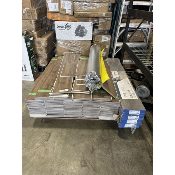 4 BOXES LAMINATE FLOORING. 55 TOTAL SQUARE FEET, AND APPROX 550 SQUARE FEET VINYL FLOORING